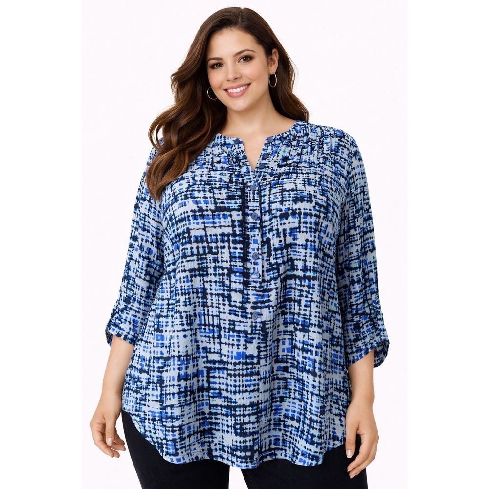 Croft & Barrow Women XXL Blue Abstract Stretch Blouse 3/4 Sleeve Casual Top